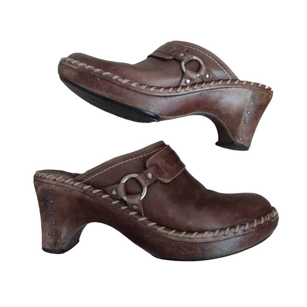 Frye Leather Charlotte Distressed Heeled Clogs 10M